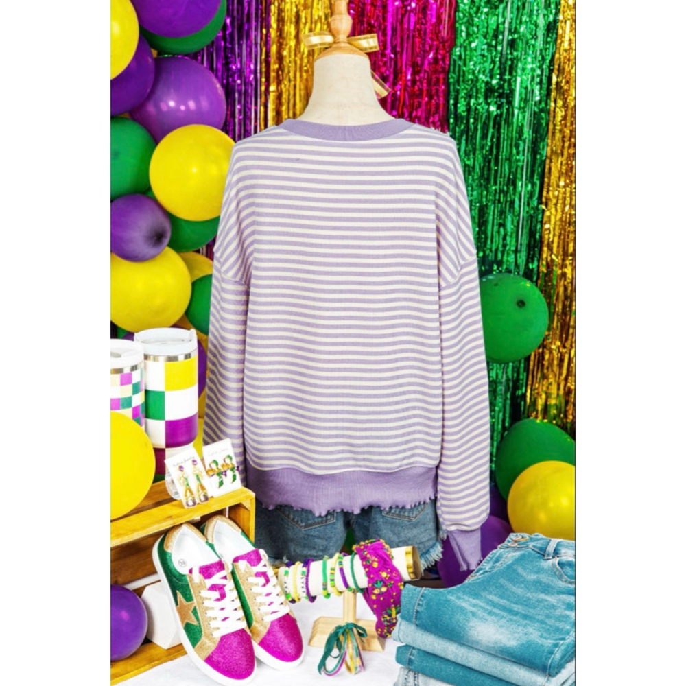 Purple Stripe Mardi Gras Sequin Fleur De Lis Patch Long Sleeve Top - Picture 5 of 11